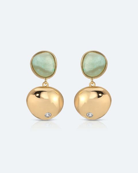Earrings with lustrous green stones and golden drops with a single inset cubic zirconia.
