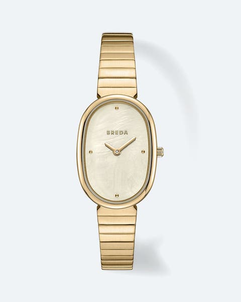A gold Breda watch with a mother-of-pearl dial.