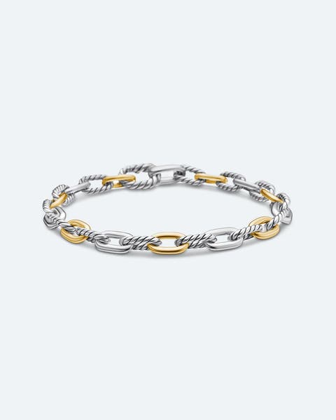 A chain bracelet with silver and gold links.