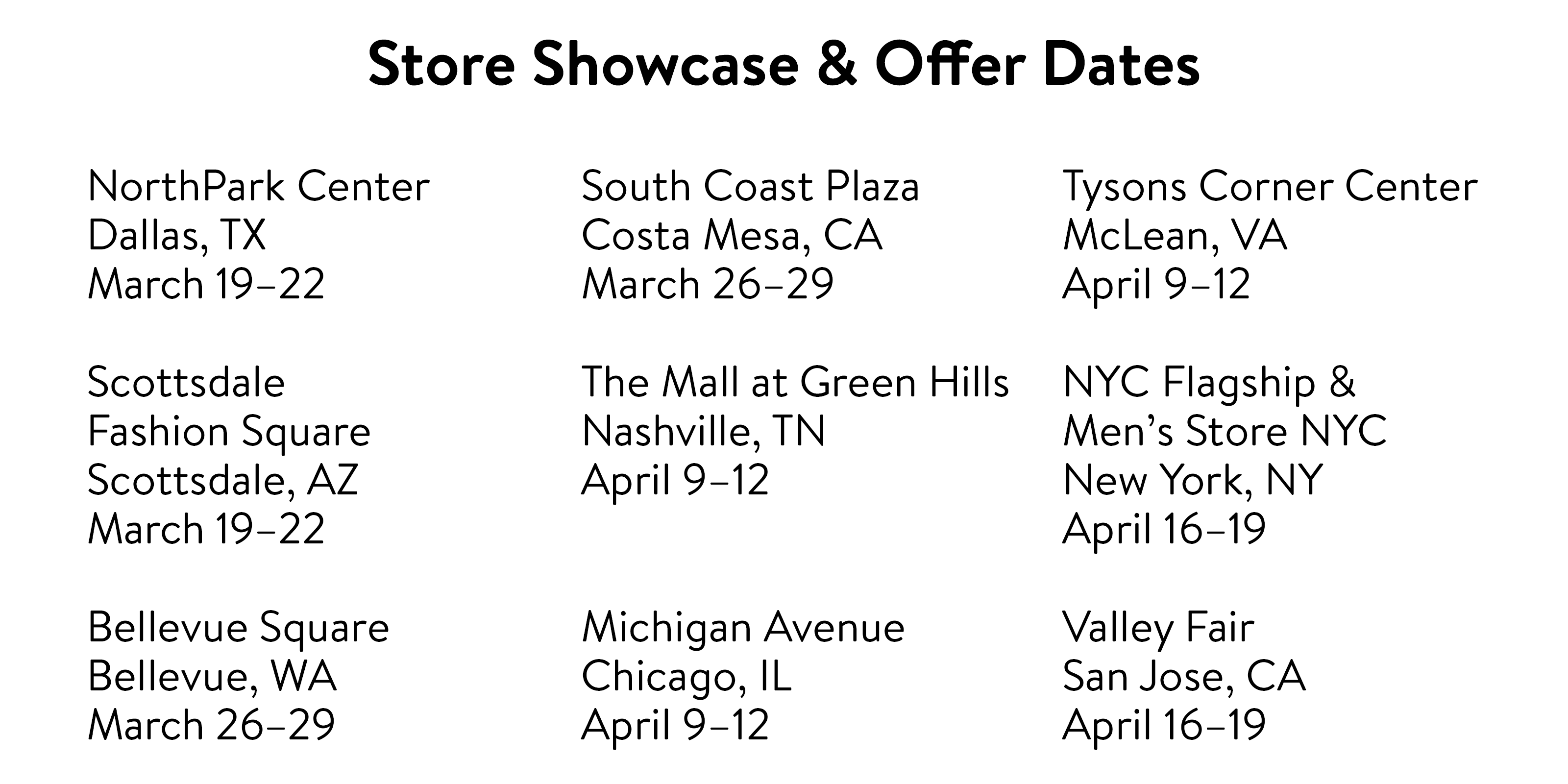 Store showcase and offer dates.