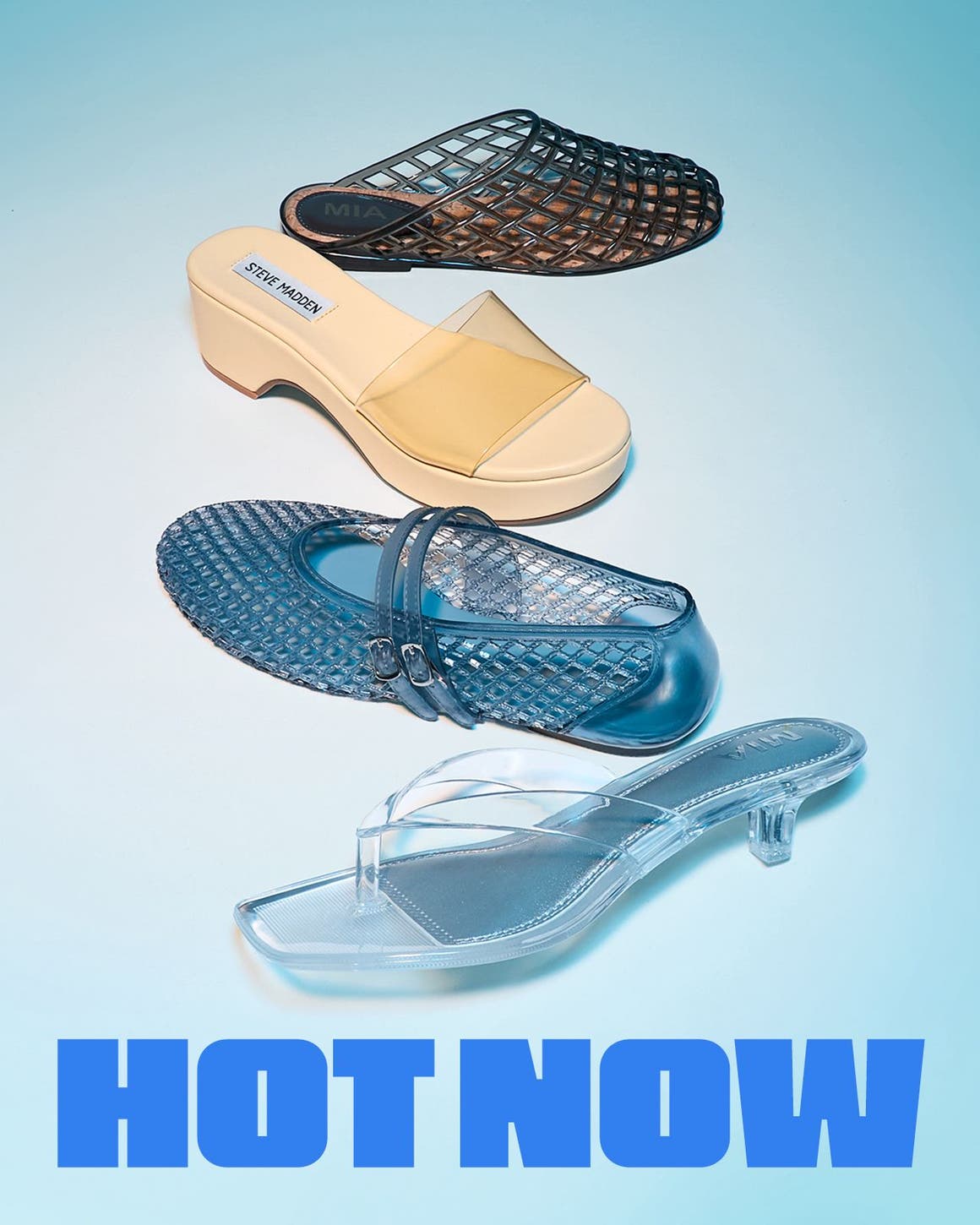 A variety of trendy jelly shoes.