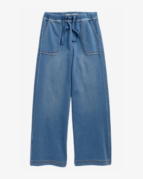 Girls' blue denim wide‑leg pants with drawstring waist and patch pockets.
