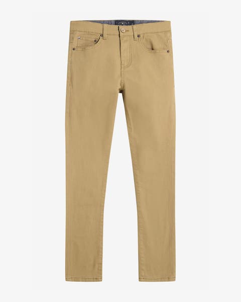Boys' khaki five-pocket jeans with slim straight leg.