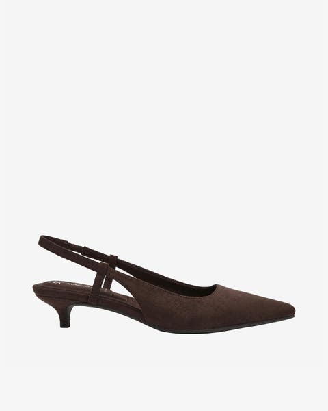 Brown suede slingback kitten‑heel pump with pointed toe.