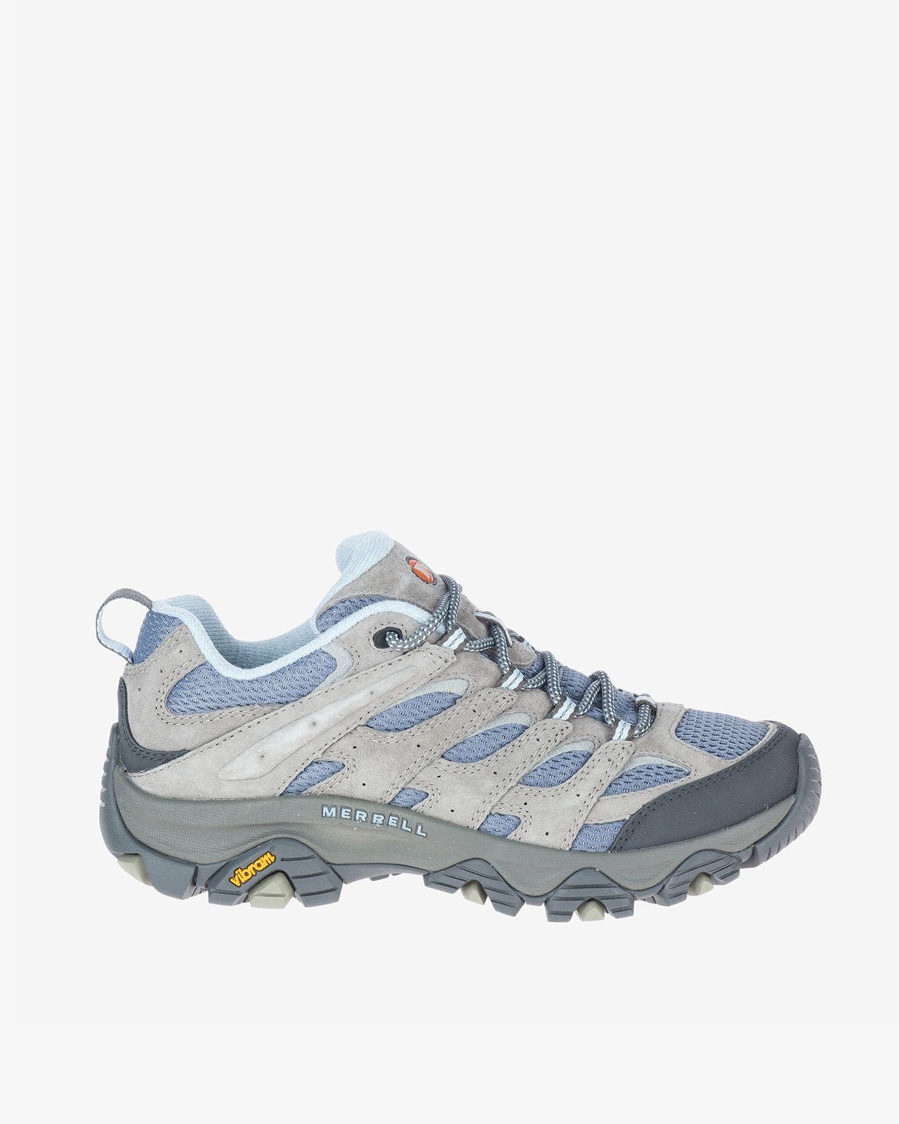 A woman's gray and light blue low-top hiking shoe.