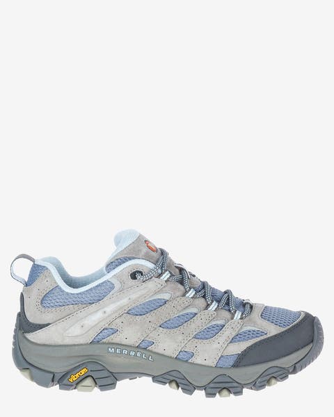 A woman's gray and light blue low-top hiking shoe.