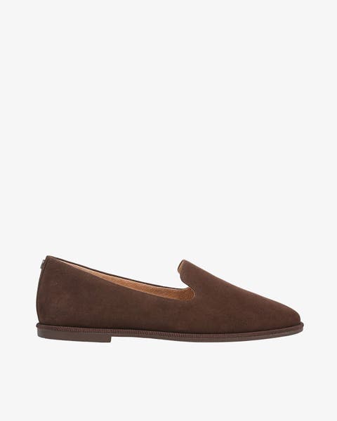 A brown flat loafer.
