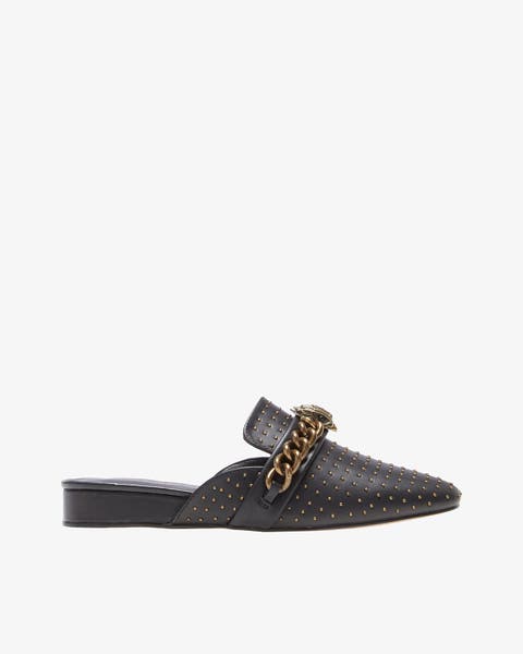 A black studded leather mule with gold chain detail.