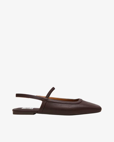 A dark brown leather slingback ballet flat with Mary Jane strap.