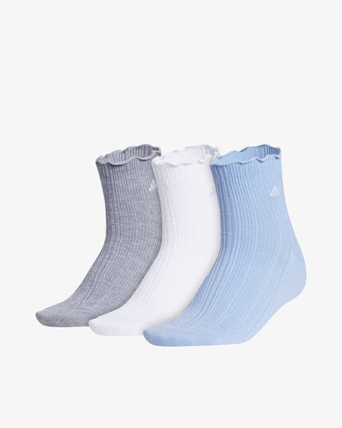 3-pack of ankle socks with scalloped edges in gray, white, and light blue.