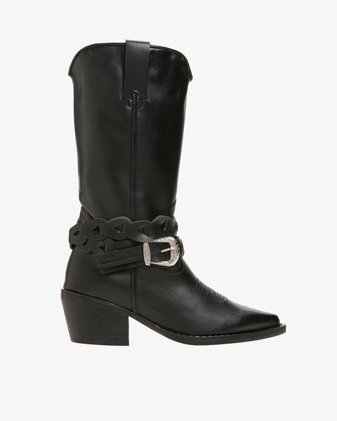 Black western cowboy boot with harness buckle detail.