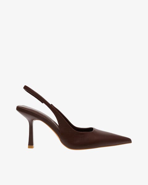 Dark brown pointed-toe slingback heel.