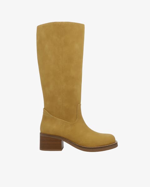 Tall mustard suede boot.