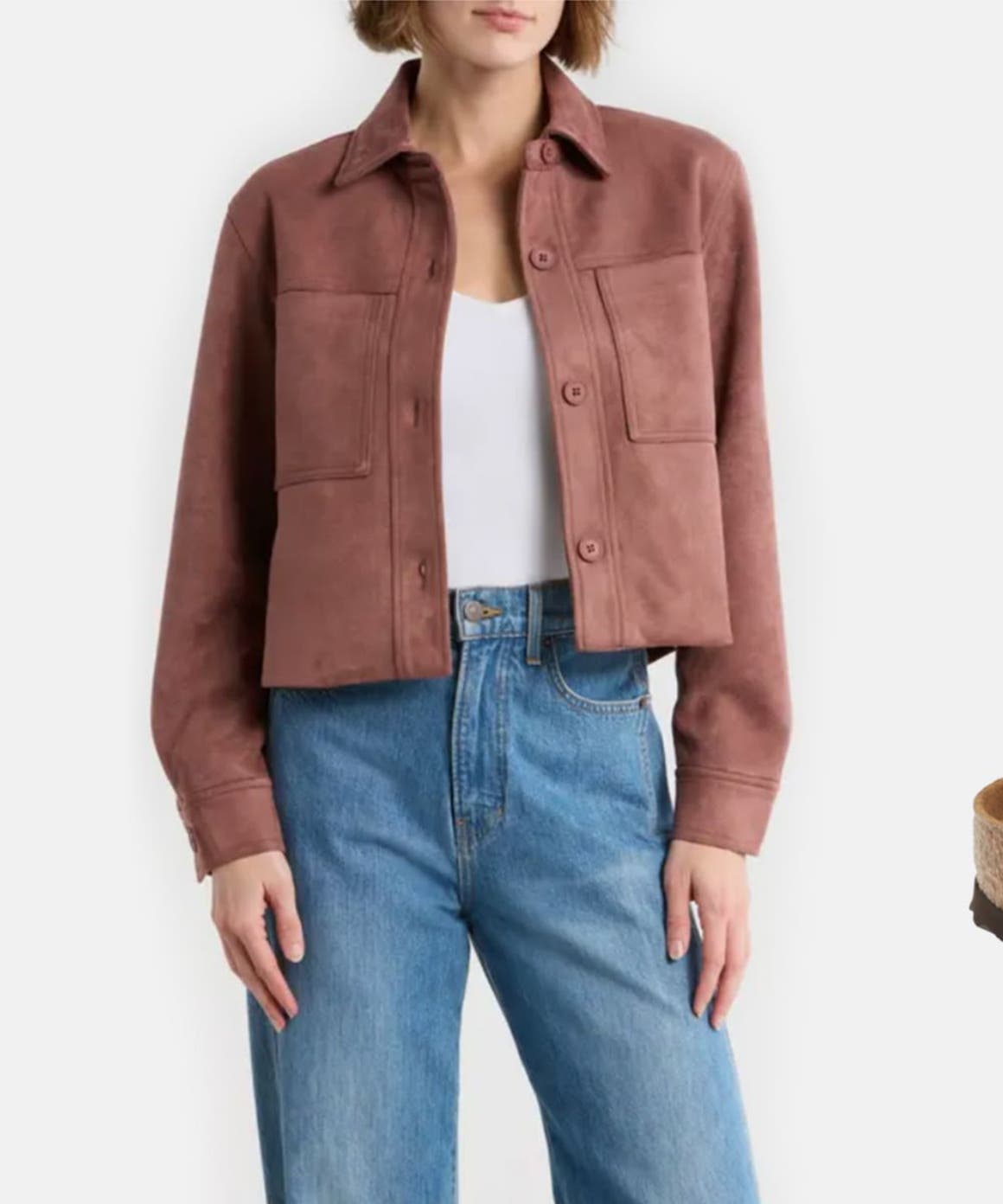 Buy Now Wear Now. A suede jacket, Michele watch, Birkenstock sandals, and wide-leg jeans.