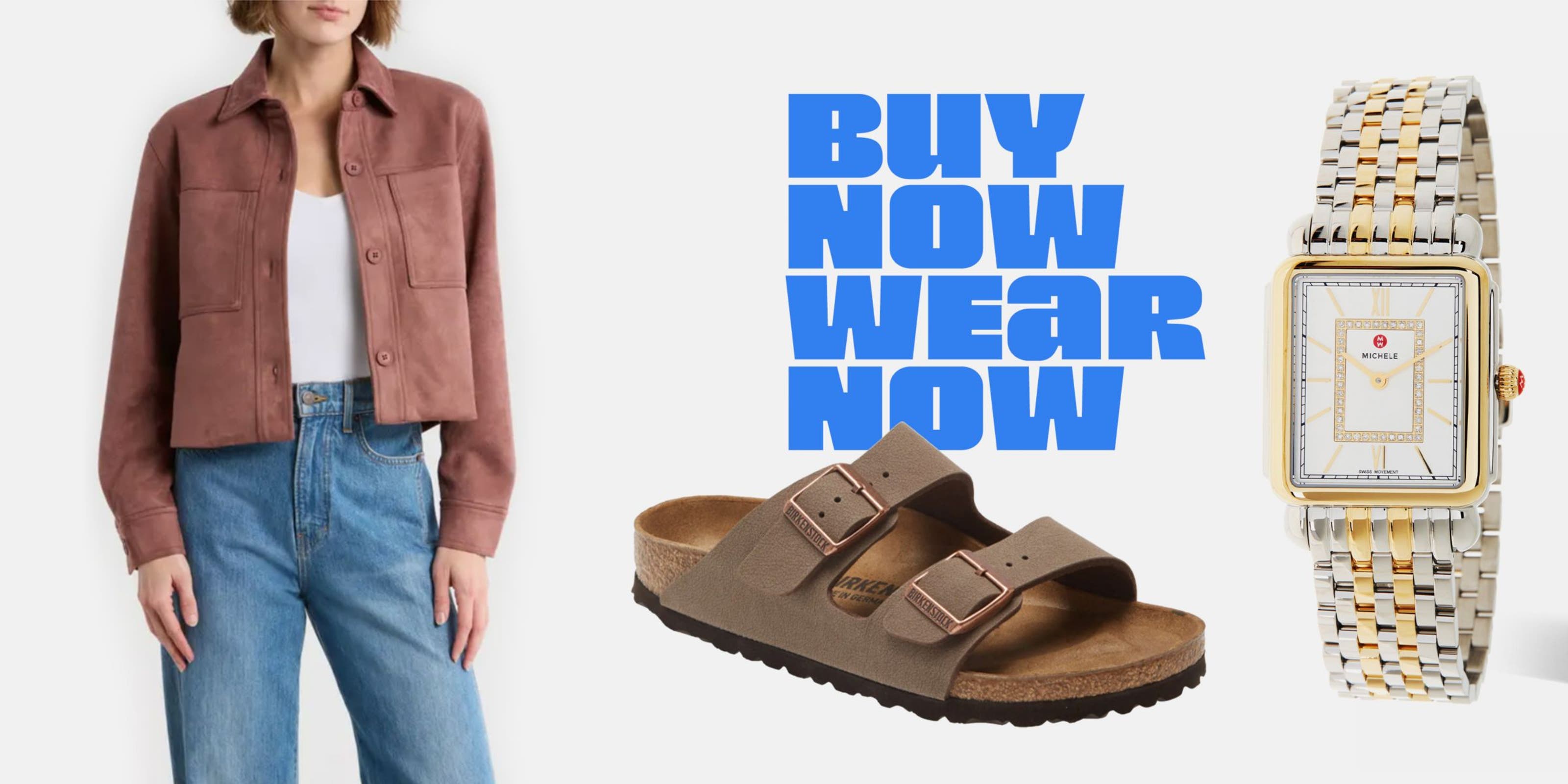 Buy Now Wear Now. A suede jacket, Michele watch, Birkenstock sandals, and wide-leg jeans.
