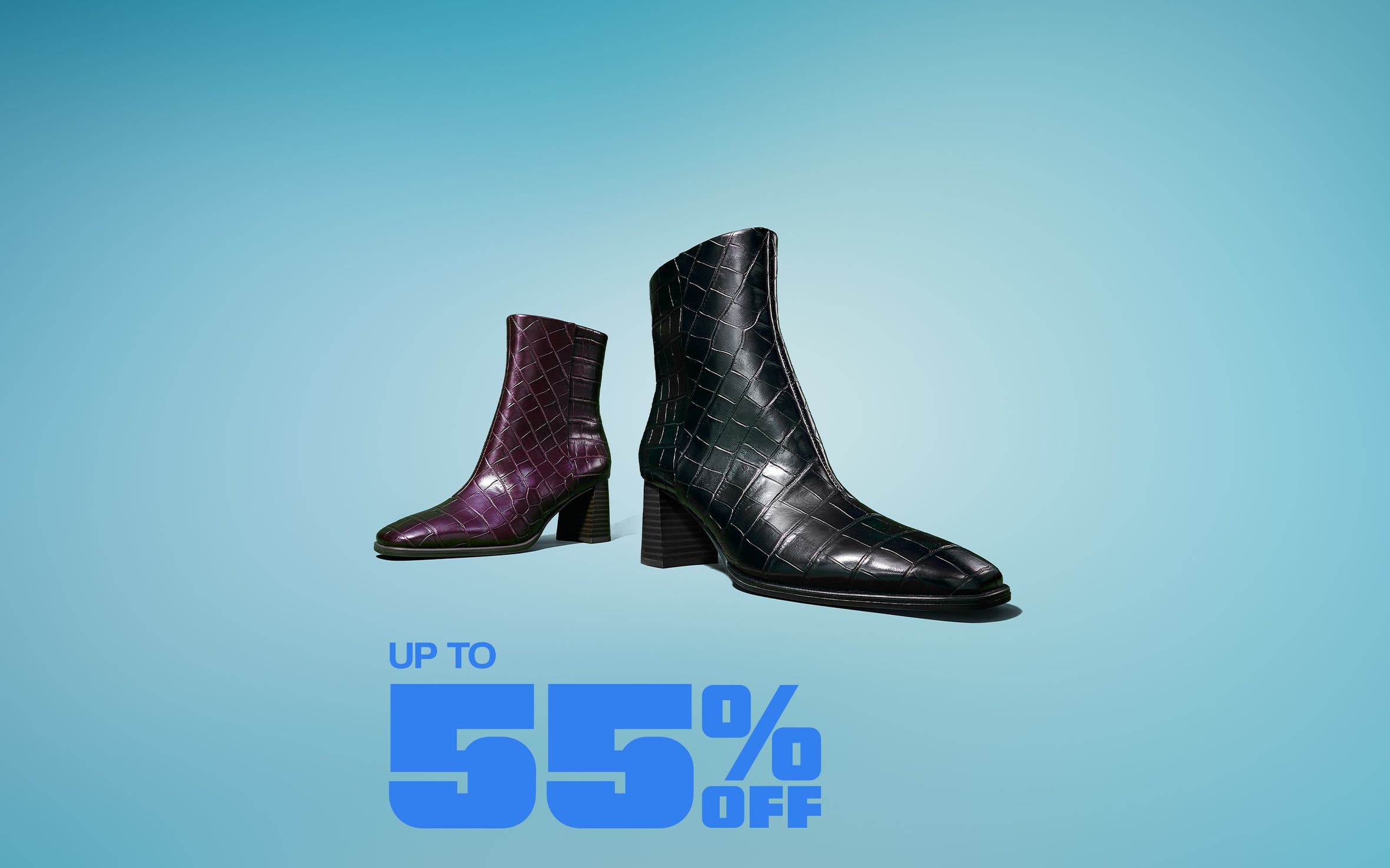 Heeled ankle boots in black and dark purple.
