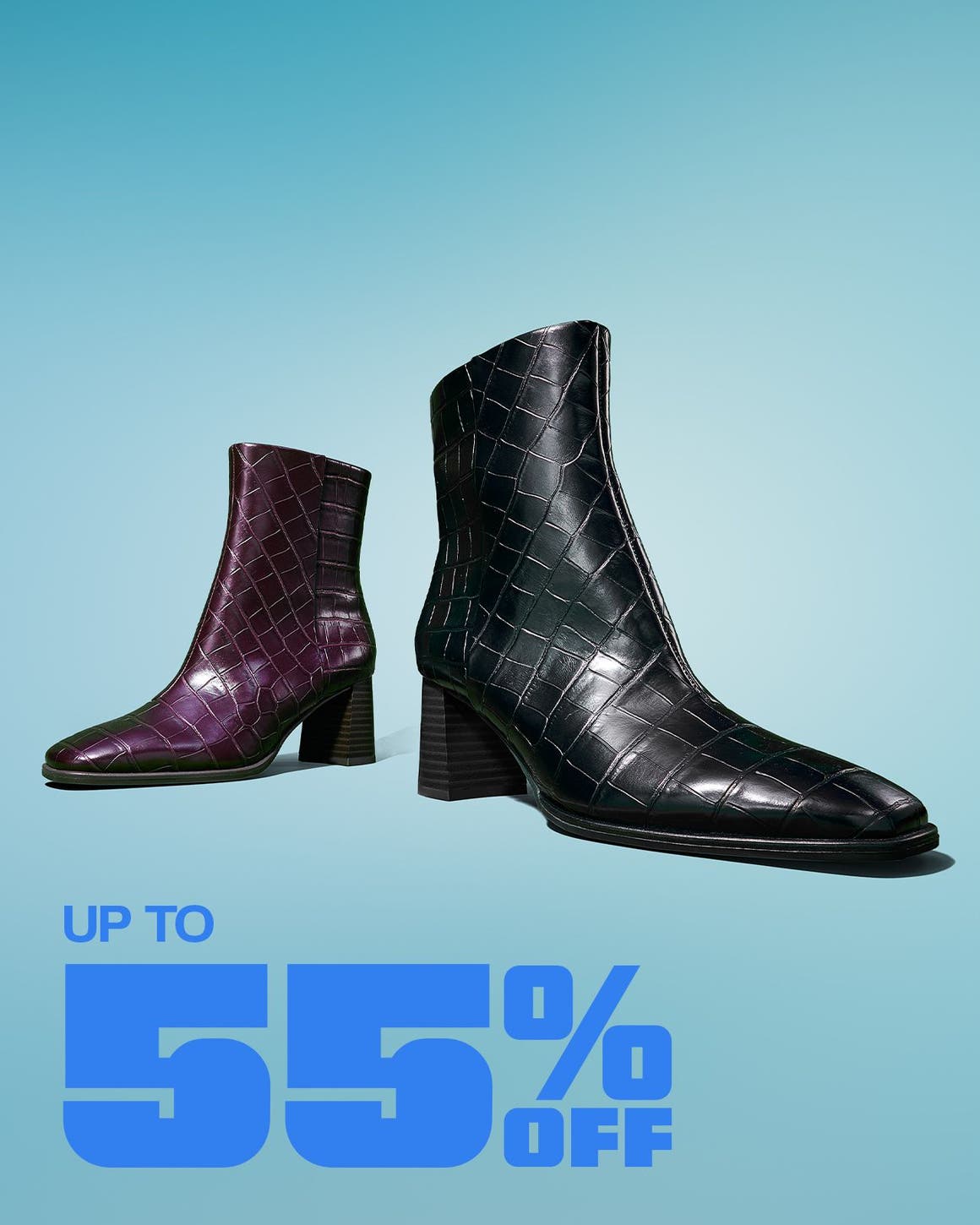 Heeled ankle boots in black and dark purple.