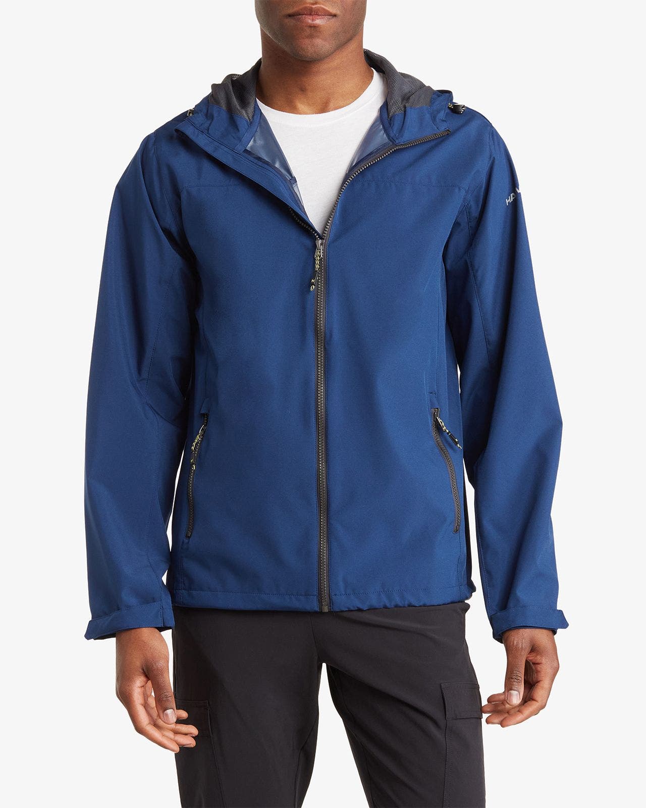 Men's blue tech rain jacket with attached hood and zippered pockets.