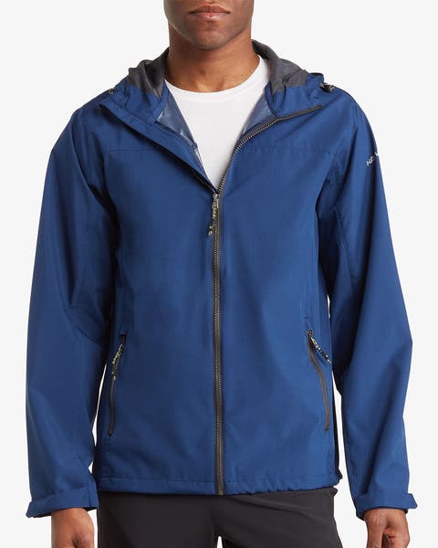 Men's blue tech rain jacket with attached hood and zippered pockets.