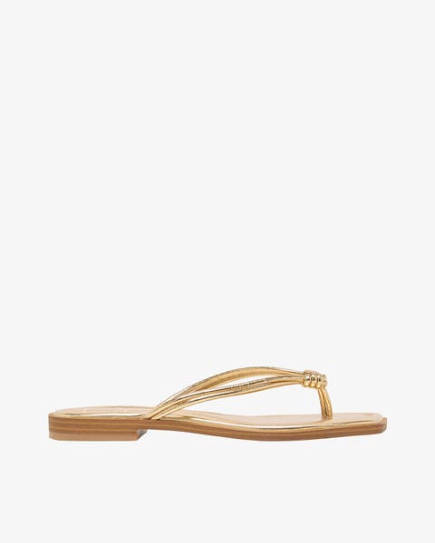 A gold flip-flop with slim braided straps.