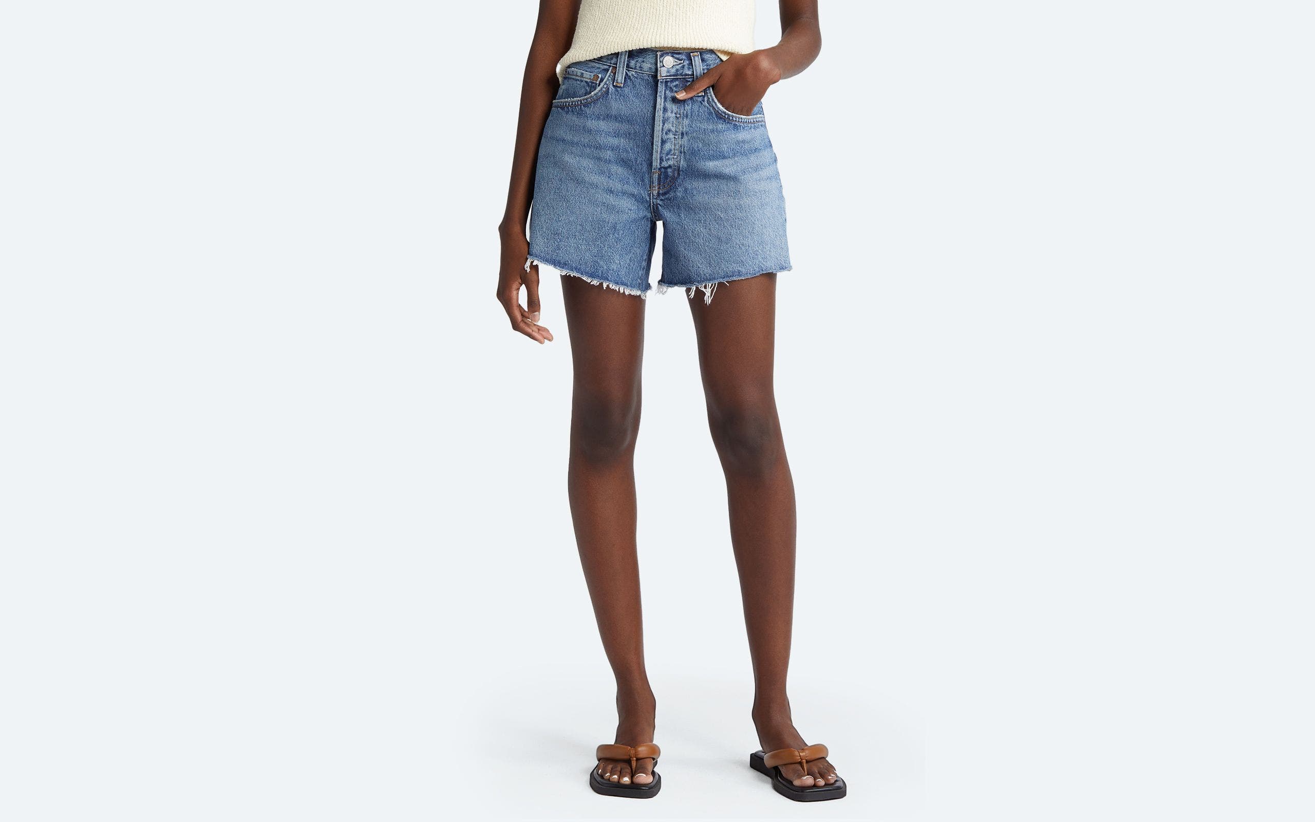 A woman cutoff denim shorts.