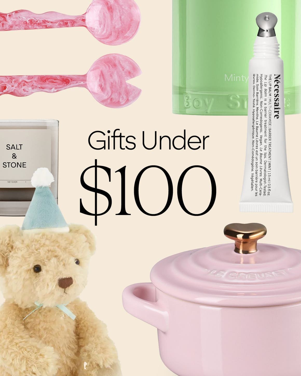 Gifts under $100. A collage including candles, beauty products and kitchenware. 
