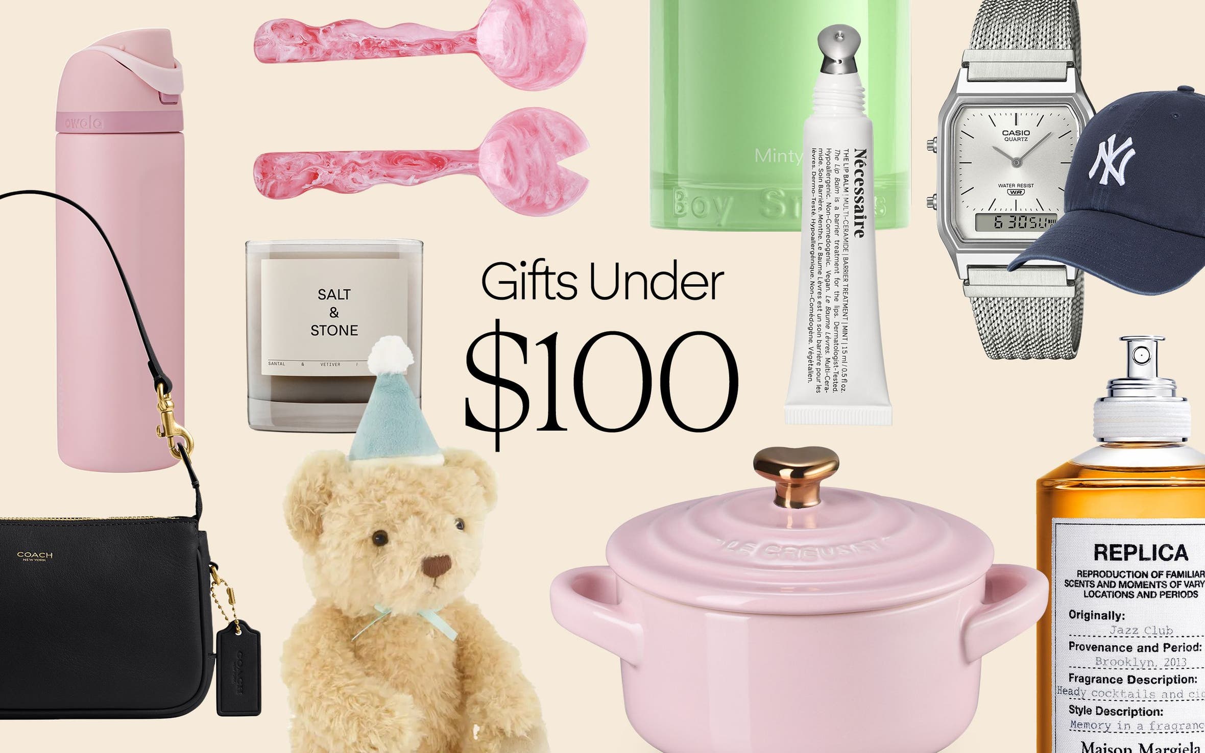 Gifts under $100. A collage including candles, beauty products and kitchenware. 