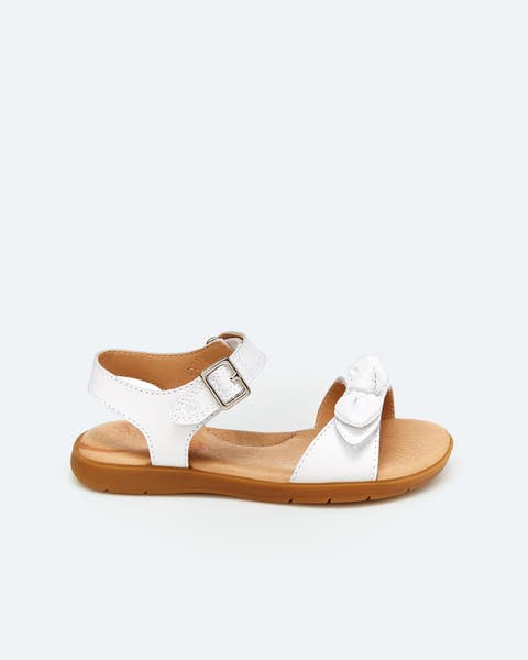 Bow-topped leather ankle-strap sandal.