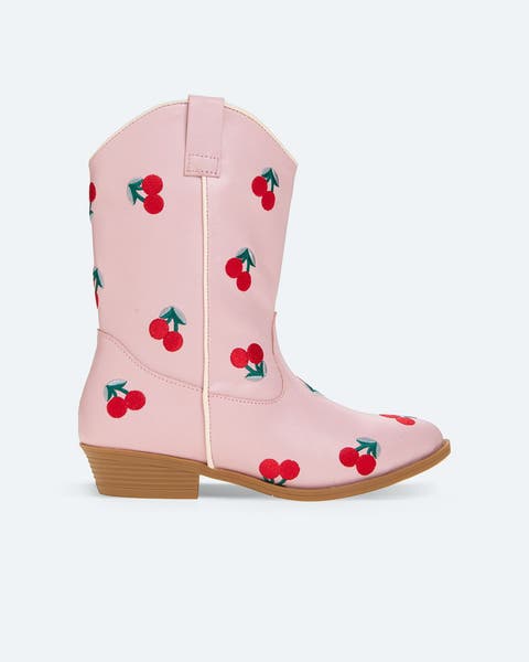 Pink cherry-patterned Western boot.