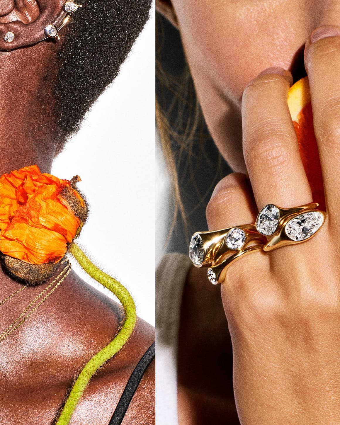 A woman wearing John Hardy jewelry included diamond earrings, diamond and gold necklaces and a diamond ring. A woman holding an orange with John Hardy diamond rings stacked on three fingers.