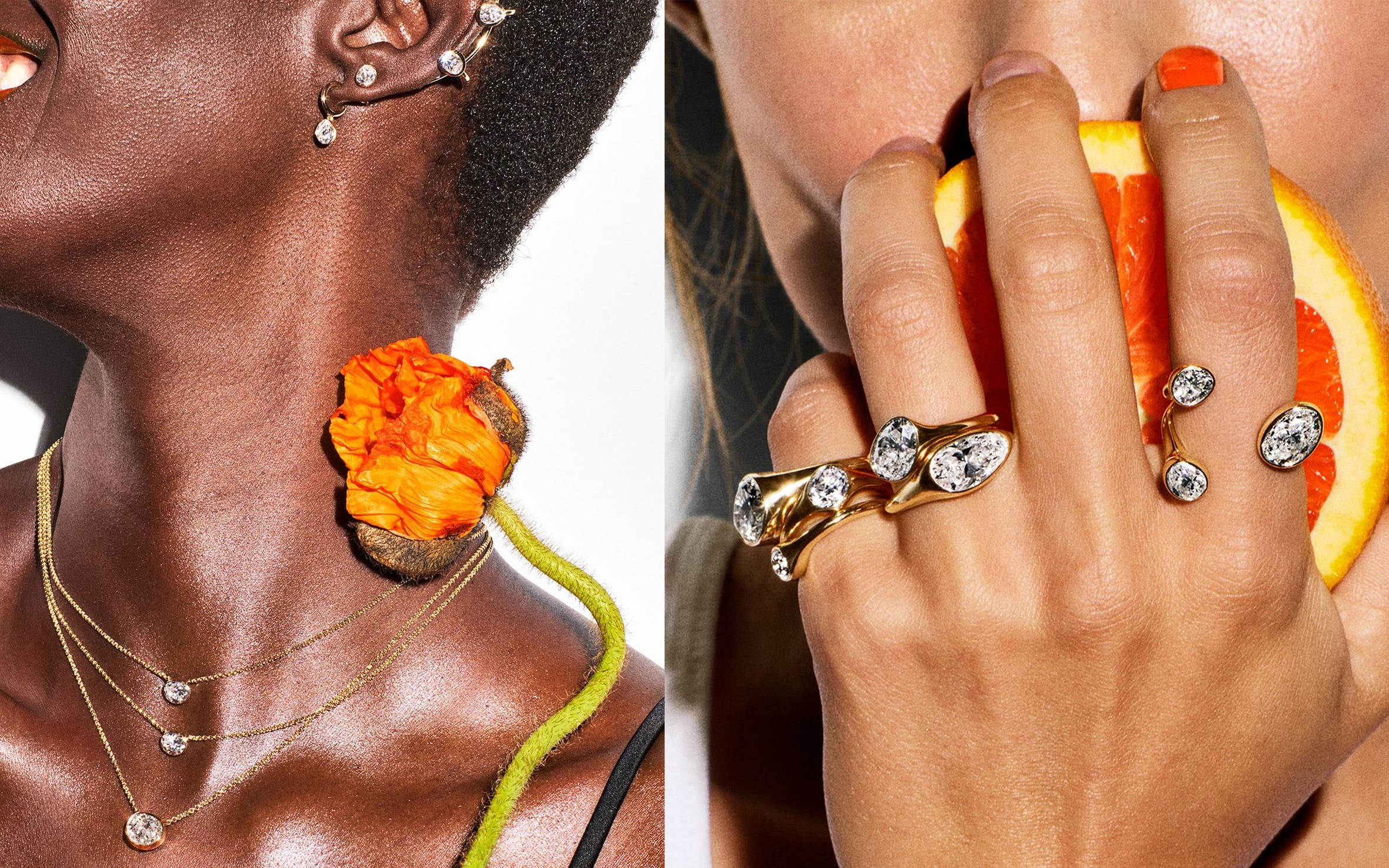 A woman wearing John Hardy jewelry included diamond earrings, diamond and gold necklaces and a diamond ring. A woman holding an orange with John Hardy diamond rings stacked on three fingers.