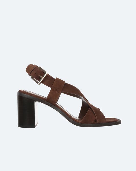 Brown suede sandal heels.