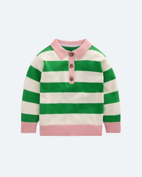 A green-and-white striped sweater with pink trim.