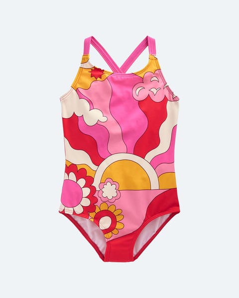 A brightly printed one-piece bathing suit.