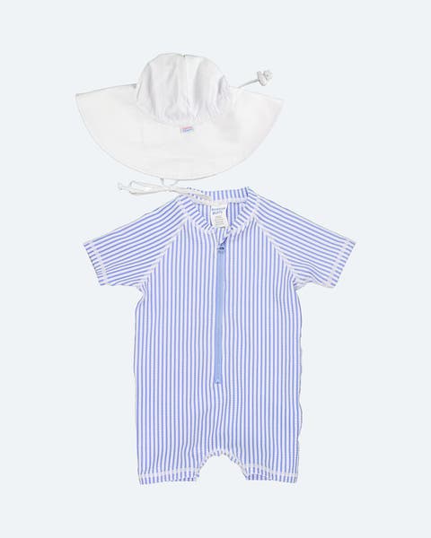 A blue-and-white striped sunsuit and white sun hat.