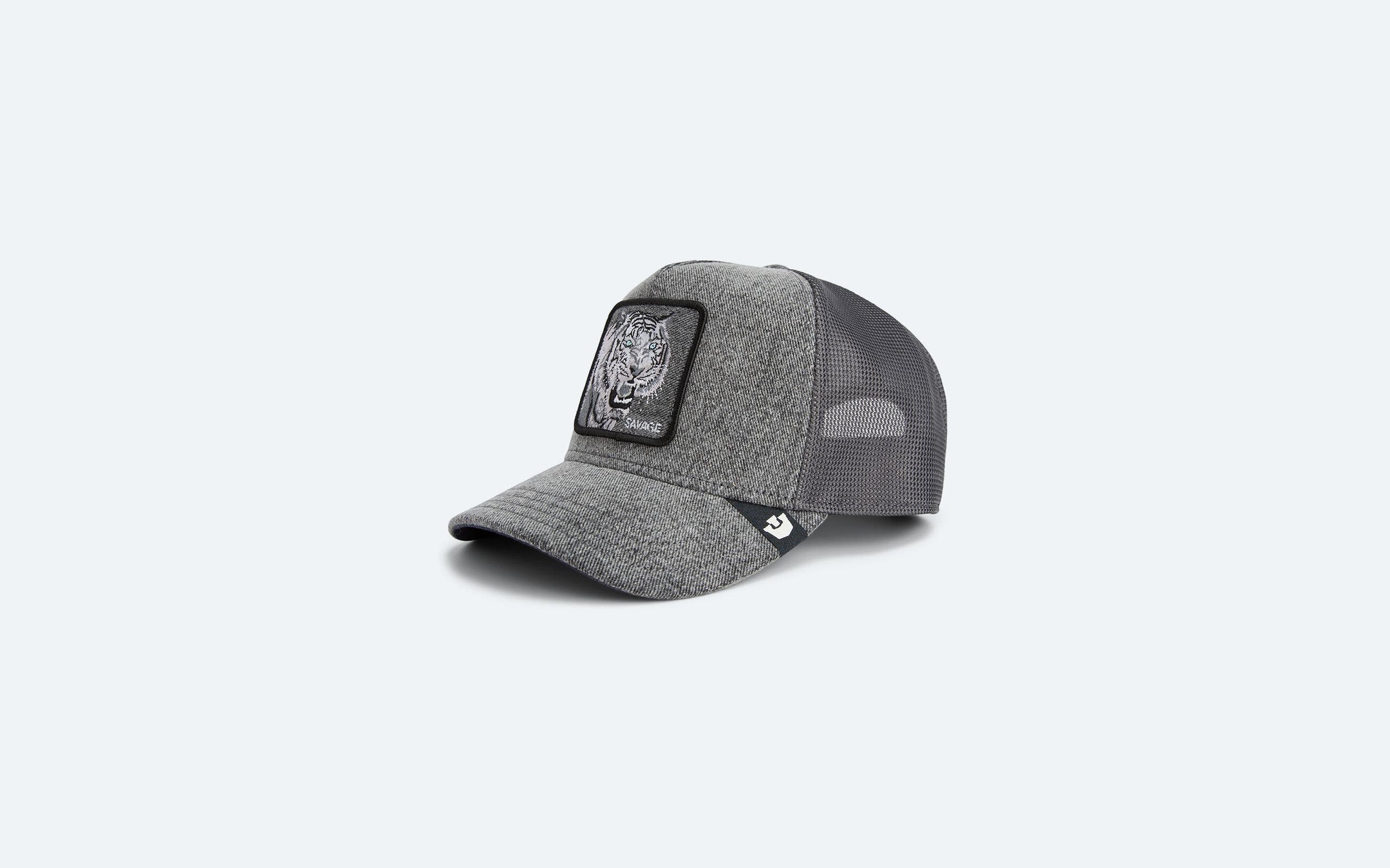Grey baseball cap with a tiger patch on the front.