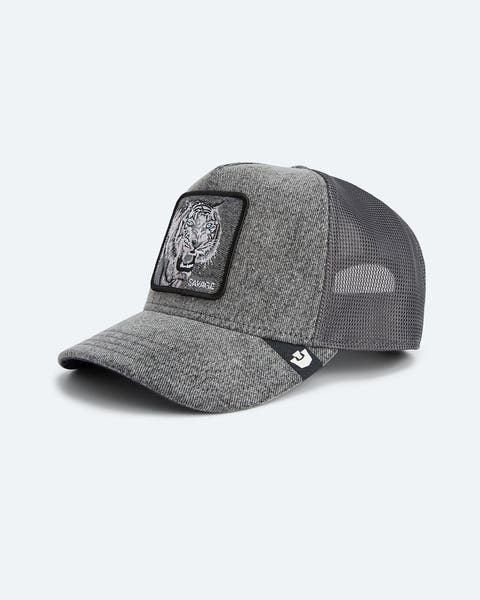 Grey baseball cap with a tiger patch on the front.