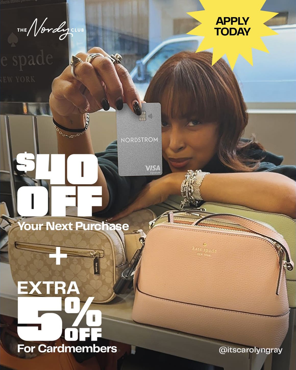 Apply today: get $40 off your next purchase plus an extra 5% off for cardmembers. A woman holding a credit card.