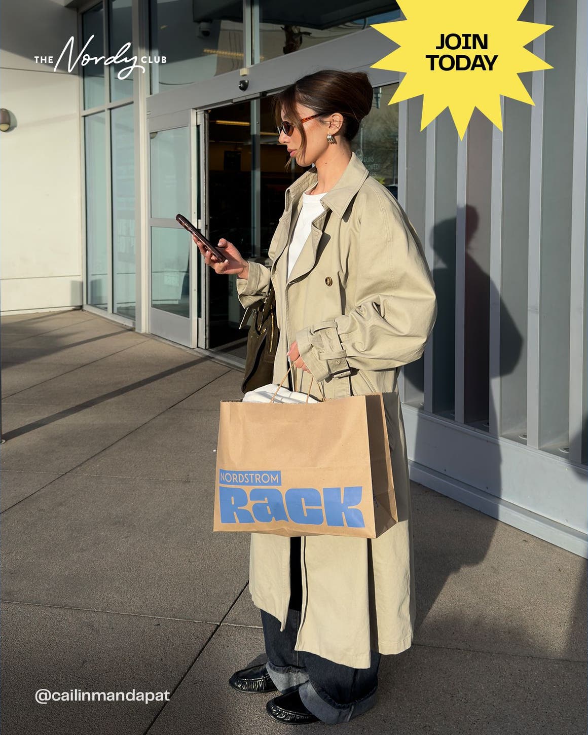 Nordy Club member exclusive: Shop It First. Join today. Woman in coat holding a phone and a Nordstrom Rack shopping bag.