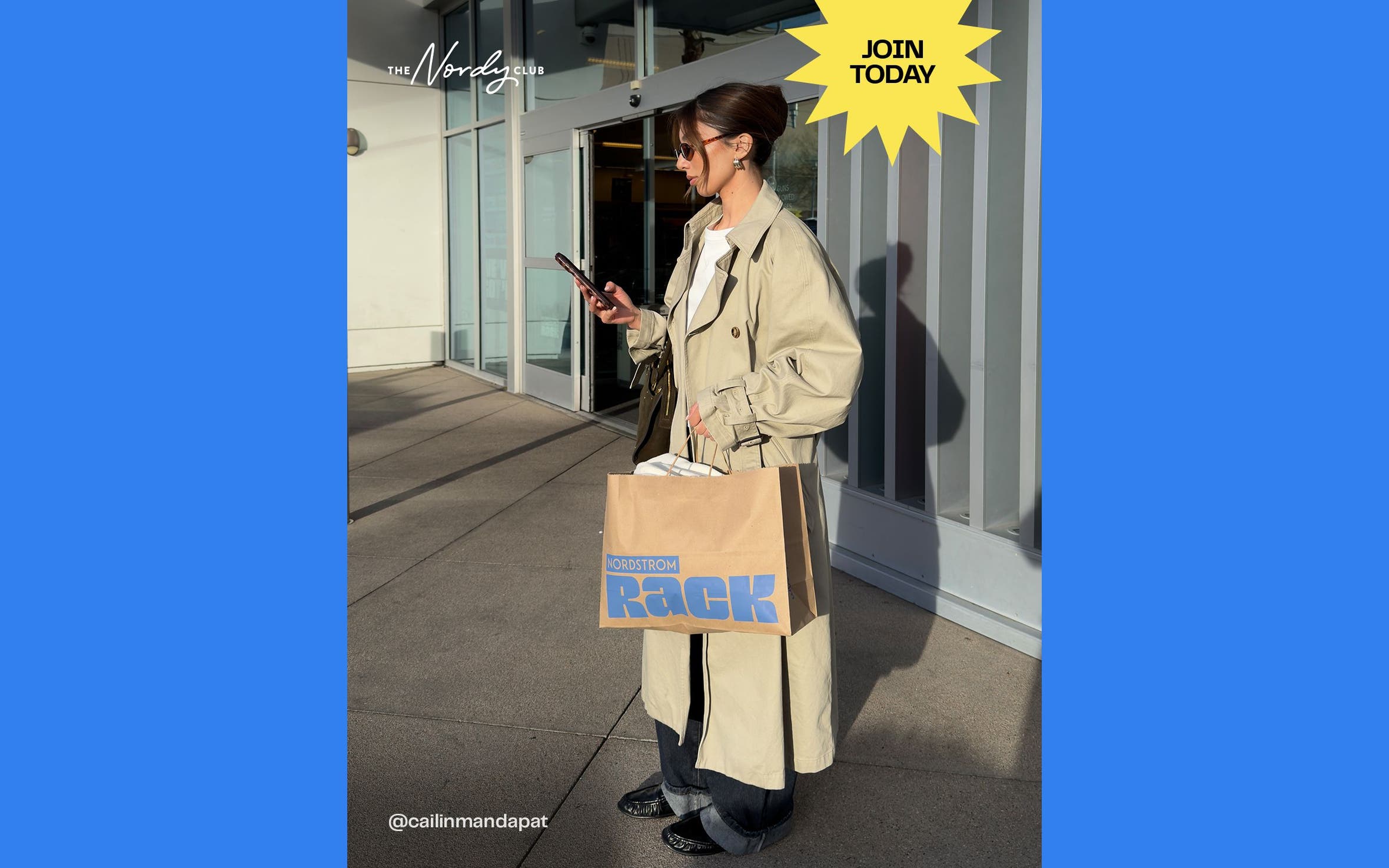 Nordy Club member exclusive: Shop It First. Join today. Woman in coat holding a phone and a Nordstrom Rack shopping bag.
