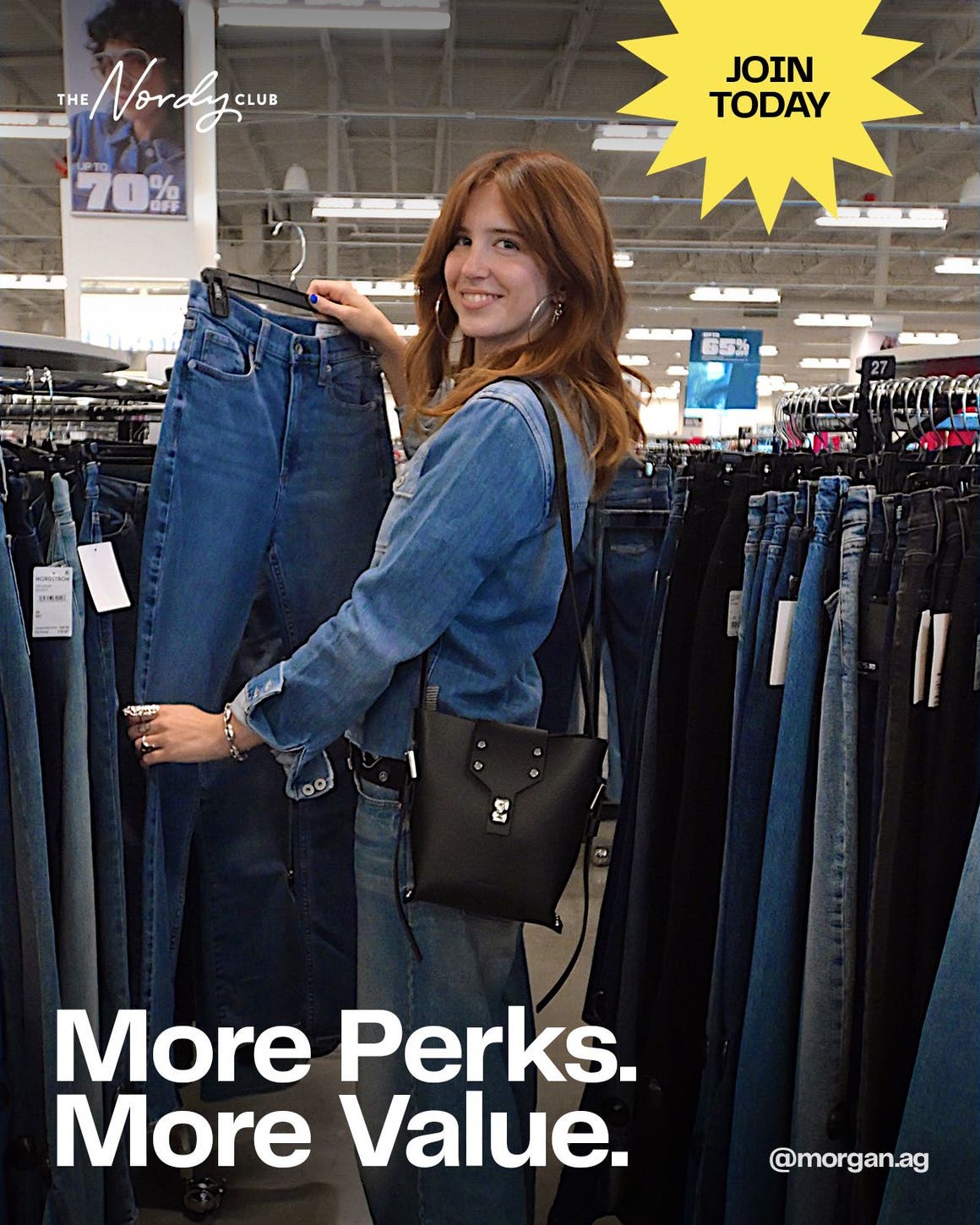 Join today: more perks, more value. A woman wearing denim and shopping for jeans.