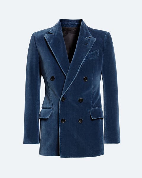 A blue velvet, double-breasted blazer.