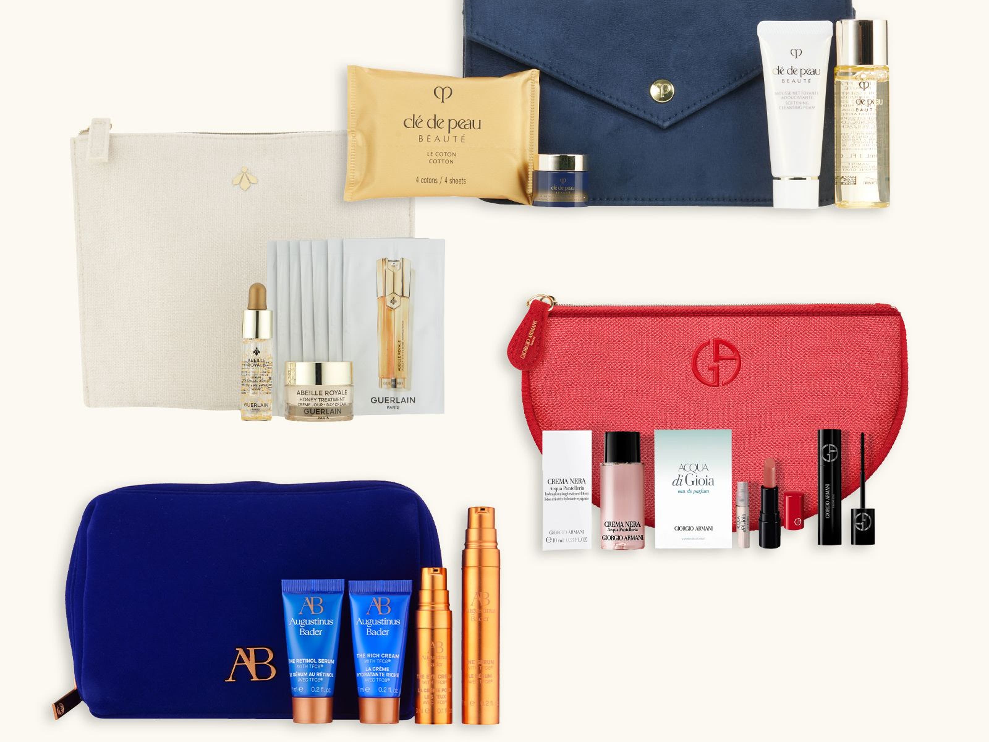 A collage of beauty gifts with purchase.