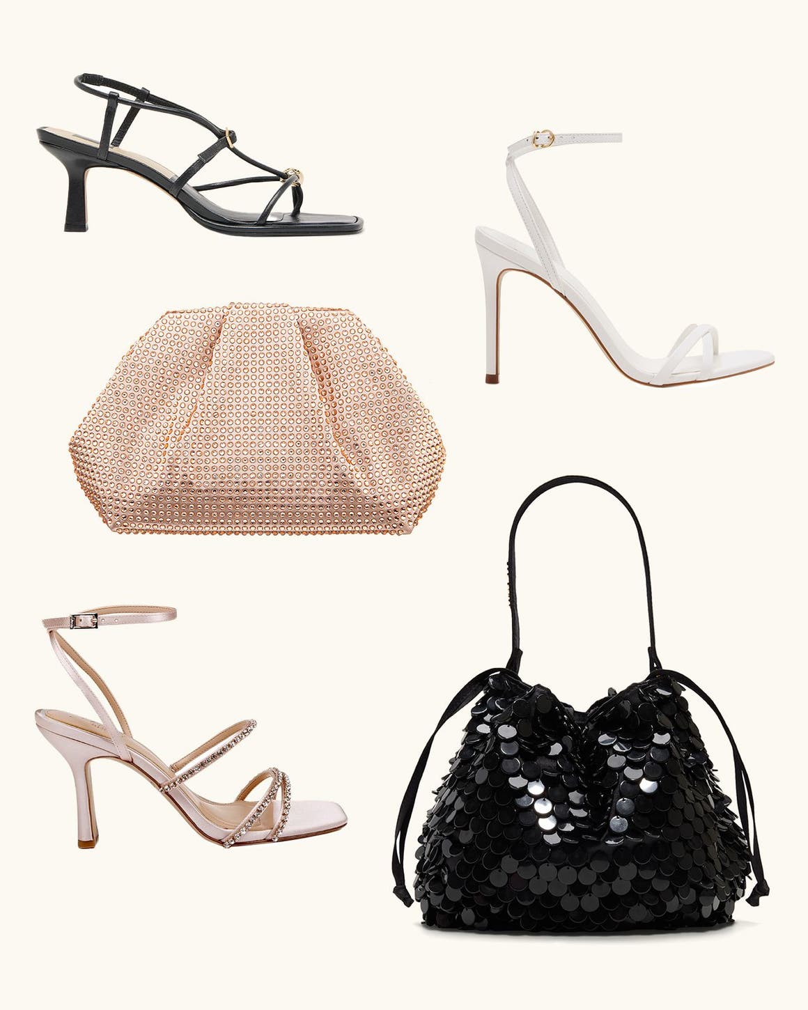 Strappy sandals and embellished handbags.