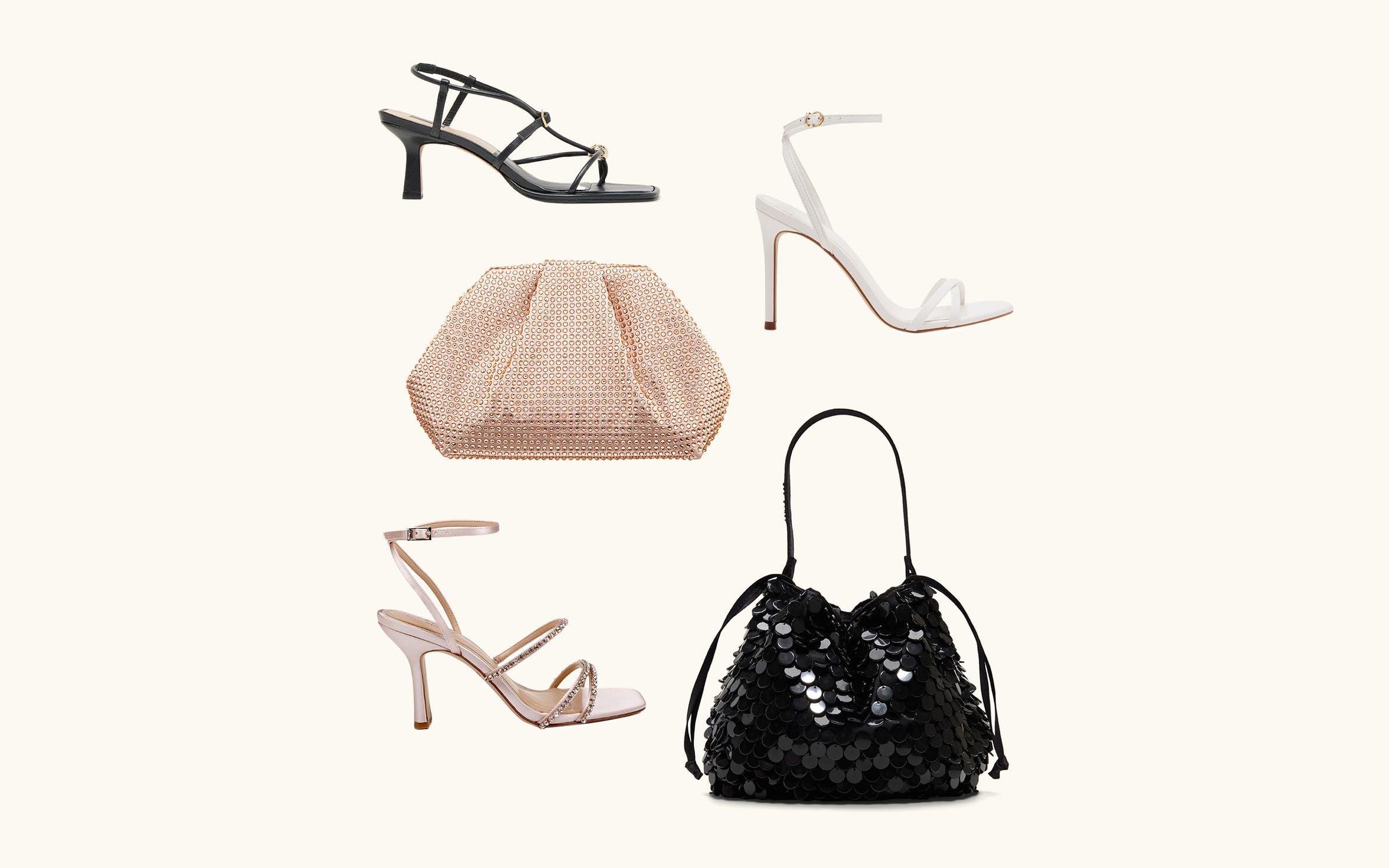 Strappy sandals and embellished handbags.