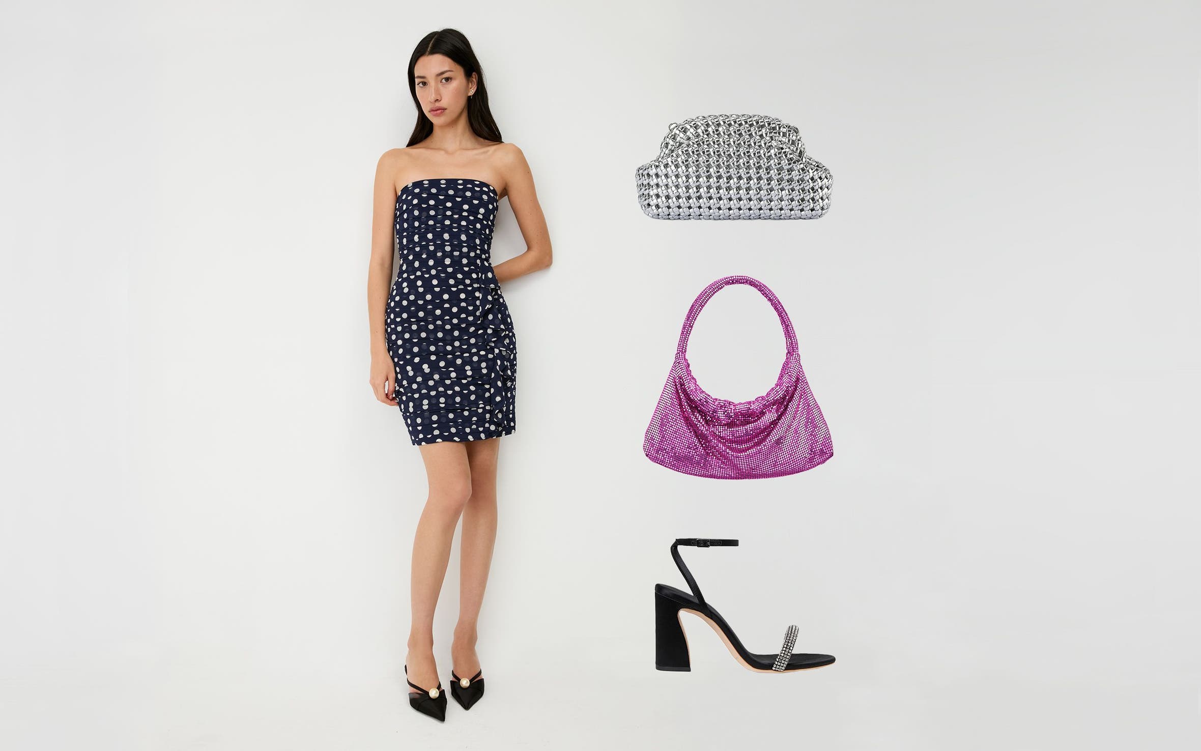 A woman in a polka-dot dress. Embellished handbags and heels.