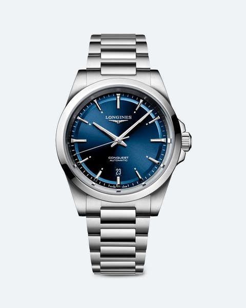 Stainless steel Longines watch with a blue face.