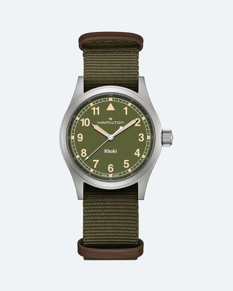 Hamilton watch with a green face and strap.