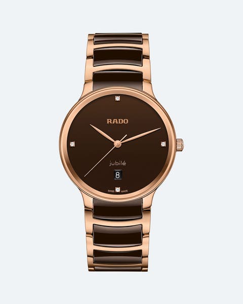 Gold watch with diamond markers from Rado.