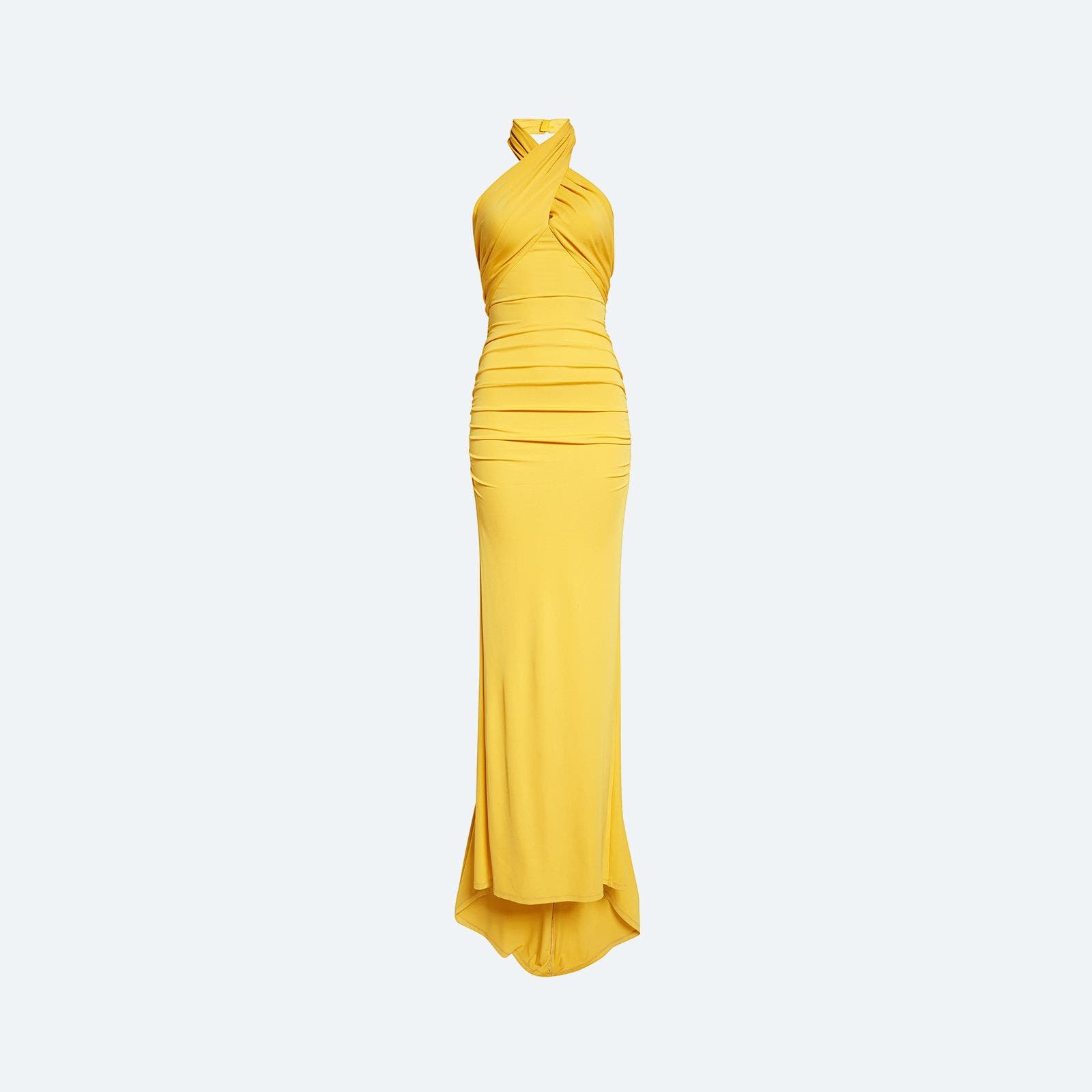 Model wearing a Carolina Herrera evening gown in yellow.